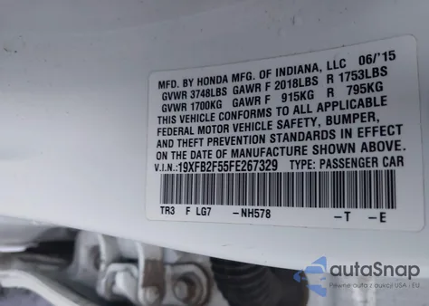 2015 Honda Civic Lx z USA, uszkodzony, nr VIN 19XFB2F55FE267329